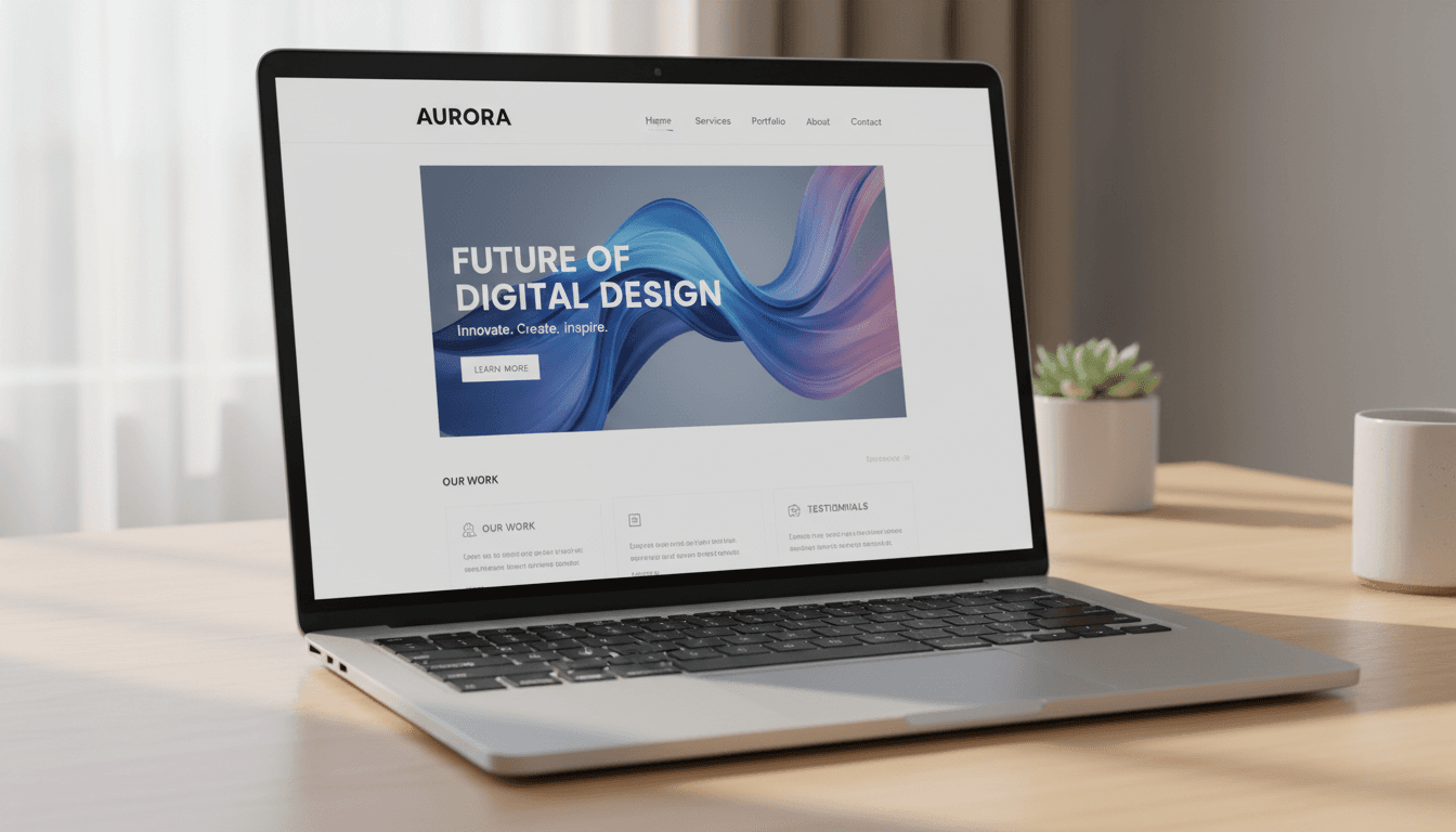 Laptop displaying a clean, modern website design in a bright home office setting